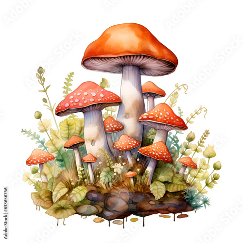 Illustration watercolor cute forest mushrooms. Generative AI, png image