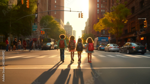 Back of four happy children in their 10s walking beside each other across the streets of New York, USA. Colorful image. Urban autumn scene takes place in the morning. Made by Generative AI