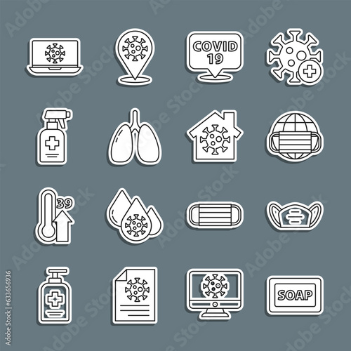 Set line Bar of soap, Medical protective mask, Earth with medical, Corona virus on location, Lungs, Liquid antibacterial, Virus statistics laptop and Stay home icon. Vector