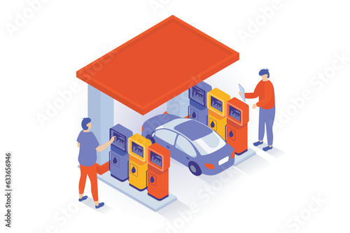 Oil industry concept in 3d isometric design. People refueling car at petrol filling station, gaz or benzine for automobile refilling service. Vector illustration with isometry scene for web graphic