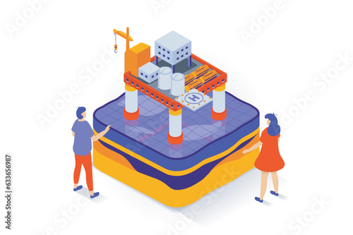 Oil industry concept in 3d isometric design. People work at petroleum platform with machinery infrastructure for fuel production and storage. Vector illustration with isometry scene for web graphic
