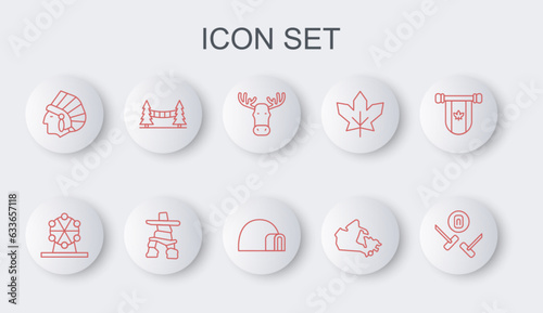 Set line Curling sport game, Ferris wheel, Moose head with horns, Canada map, Native American Indian, Capilano Suspension Bridge, Inukshuk and Igloo ice house icon. Vector