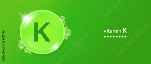 Vitamin K. Vitamin K banner for advertising, health, medical science. Vitamins complex icon. Bubble collagen serum. Beauty treatment skin care design.