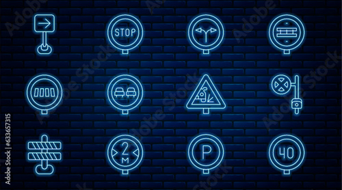 Set line Speed limit traffic, Stop sign with camera, Fork in the road, No overtaking, Pedestrian crosswalk, Traffic turn right, Warning and icon. Vector