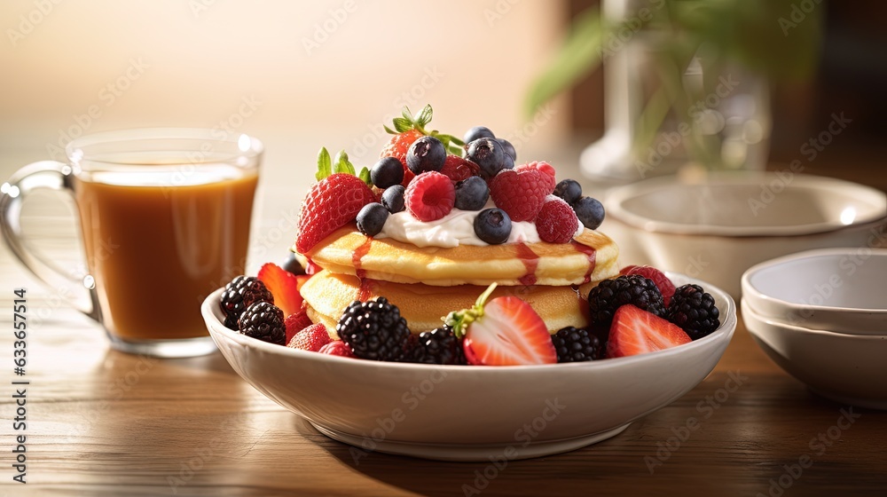 a plate of pancakes with berries, strawberries, and a cup of coffee. generative ai a plate of pancakes with berries, strawberries, and a cup of coffee. generative ai