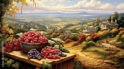  a painting of a basket of grapes on a table with a view of the countryside. generative ai