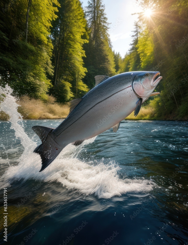 Fototapeta premium Salmon jumping against the current in a beautiful forest.generative AI