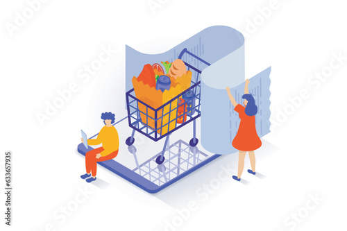 Online shopping concept in 3d isometric design. People making order of food in supermarket webpage, paying credit card and receiving receipt. Vector illustration with isometry scene for web graphic