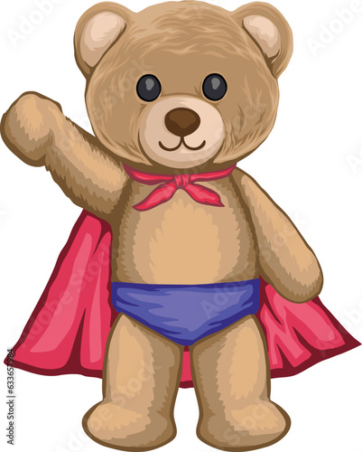 Teddy bear in superhero costume, wearing mantle and underwear. Vector illustration hand drawn style.