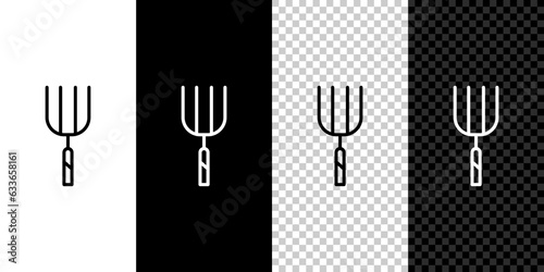 Set line Garden pitchfork icon isolated on black and white background. Garden fork sign. Tool for horticulture, agriculture, farming. Vector