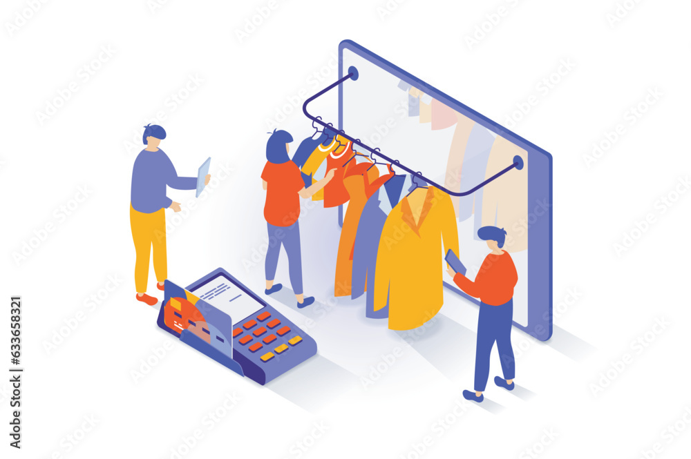 Online shopping concept in 3d isometric design. People choosing new clothes at boutique webpage, ordering delivery and paying at pos terminal. Vector illustration with isometry scene for web graphic Online shopping concept in 3d isometric design. People choosing new clothes at boutique webpage, ordering delivery and paying at pos terminal. Vector illustration with isometry scene for web graphic