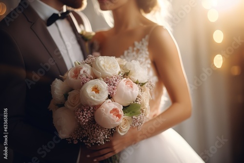 Fotobehang bride and groom wedding couple with a bouquet of light rose and white color flow