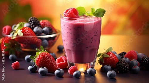  a smoothie in a glass with berries and mint on the side.  generative ai