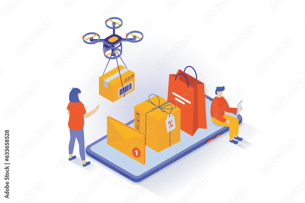 Online shopping concept in 3d isometric design. People making purchases in store webpage using mobile app, ordering delivery by flying drone. Vector illustration with isometry scene for web graphic