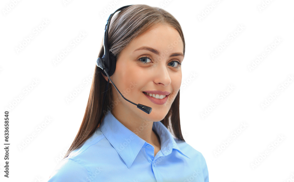 Portrait of call center worker. Smiling customer support operator at work on a transparent background Portrait of call center worker. Smiling customer support operator at work on a transparent background