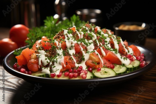 typical mediterranean salad with yogurt sauce - closeup created using generative Ai tools
