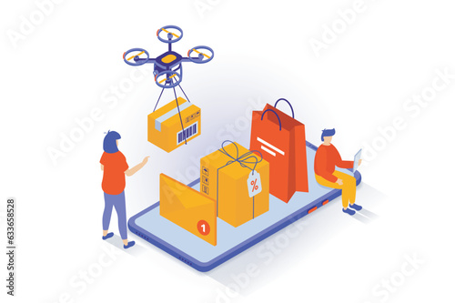 Online shopping concept in 3d isometric design. People making purchases in store webpage using mobile app, ordering delivery by flying drone. Vector illustration with isometry scene for web graphic