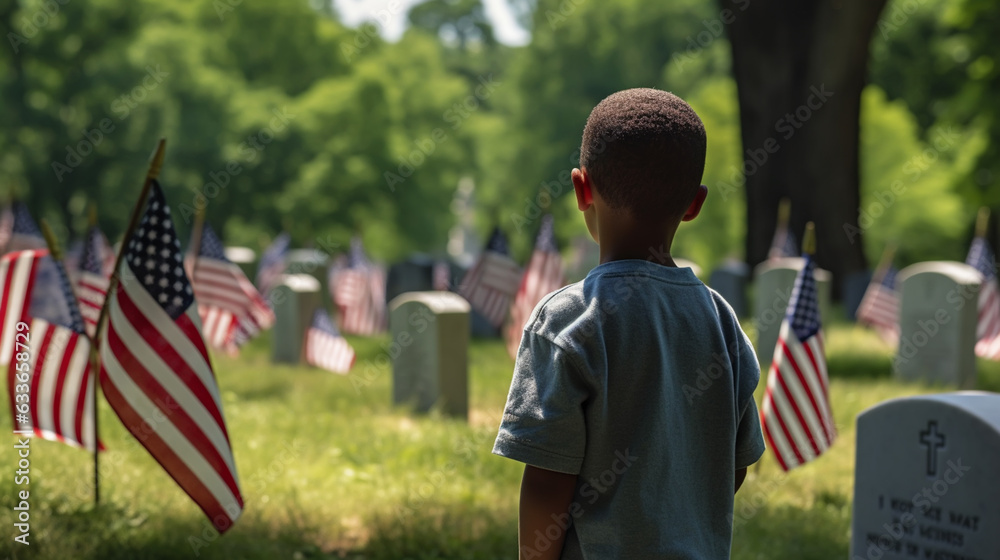 Fototapeta premium Child sitting near headstones with american flags with veterans day.