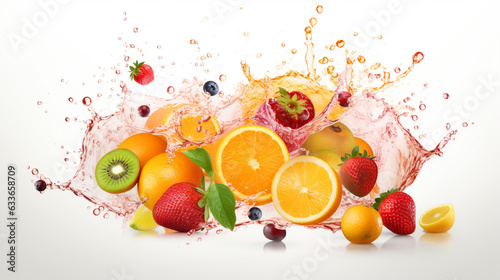 beautiful abstract background with fruits and berries with splashes bathing in water. Generative Ai. 