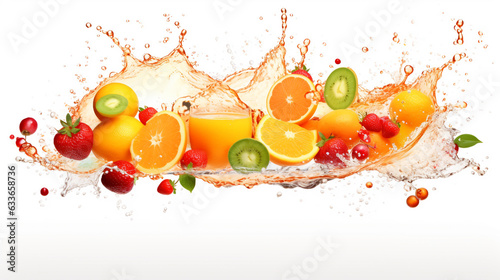 fruits and berries are bathed in orange juice with splashes, abstract background. Generative Ai. 