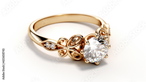 golden engagement ring with diamond isolated on white background close-up. Generative Ai. 