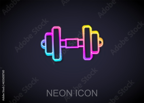 Glowing neon line Dumbbell icon isolated on black background. Muscle lifting, fitness barbell, sports equipment. Vector