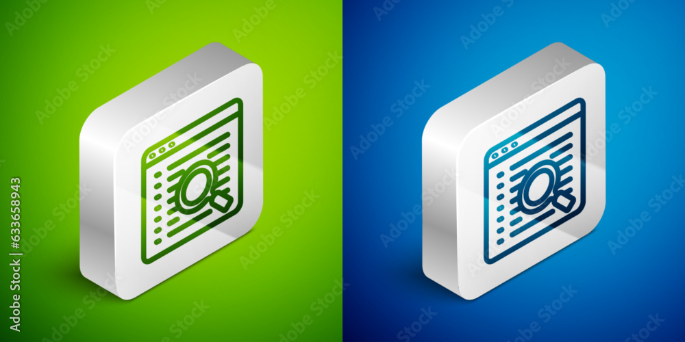 Isometric line Search engine icon isolated on green and blue background. Silver square button. Vector Isometric line Search engine icon isolated on green and blue background. Silver square button. Vector
