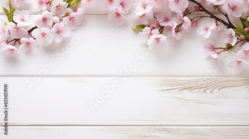pink sakura flowers on a white wooden background with free space for pasting. Generative Ai. 