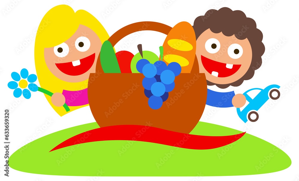Fototapeta premium family picnic boy and girl art logo