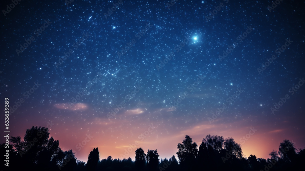 Blue dark night sky with many stars above field of trees.