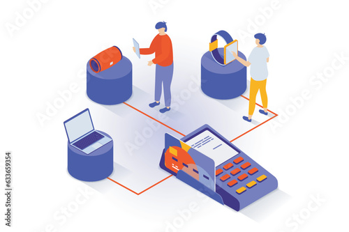 Online shopping concept in 3d isometric design. People choosing new goods, making purchases store web page and paying in pos terminal by card. Vector illustration with isometry scene for web graphic
