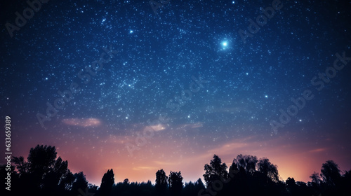 Blue dark night sky with many stars above field of trees. © alexkich