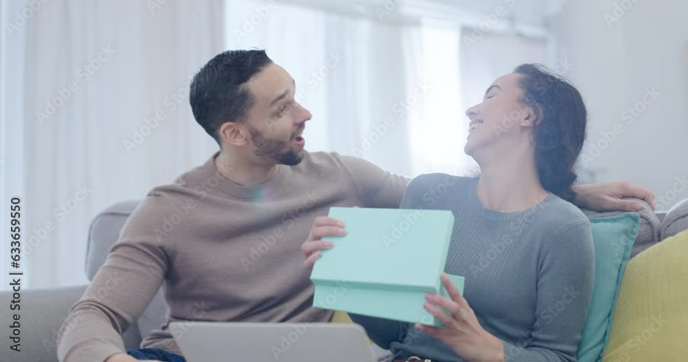 Man, happy couple or woman with surprise gift, love and happiness in relationship celebration on Birthday. Wow, laptop or excited person shocked by opening a present, box or ecommerce product at home Man, happy couple or woman with surprise gift, love and happiness in relationship celebration on Birthday. Wow, laptop or excited person shocked by opening a present, box or ecommerce product at home