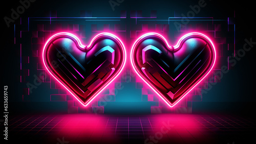 2 Herzen in Neon Farben mit Lichteffekten auf dunklem Hintergrund. Lovestory Romance. Querformat. Generative Ai. photo