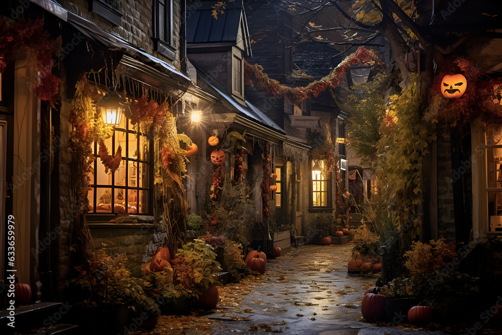 Night view of a beautiful Halloween decorated small residential street. Generated AI