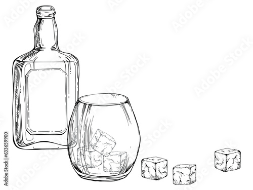 Ink hand drawn vector graphic sketch. Scotch scottish whisky whiskey wooden barrel, bottle with label and glass with rocks. Design for tourism, travel, brochure, wedding, guide, print, card, tattoo.
