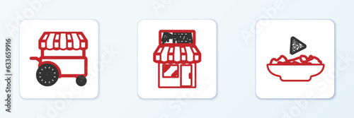 Set line Nachos in plate, Fast street food cart and Pizzeria building facade icon. Vector