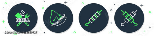 Set line Hot chili pepper pod, Grilled shish kebab, Crossed fork and spatula and icon. Vector