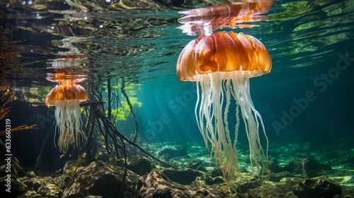 Small jellyfish swim just under the sea surface. Generative AI.