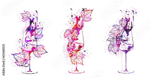 Colorful wine designs - Collection of wine glasses. Hand drawn elements for invitation cards, advertising banners, menus. Wine glasses with splashing wine. Sketch vector illustration.