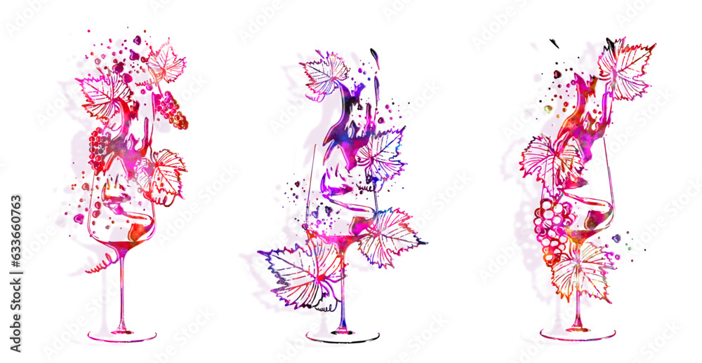 Fototapeta premium Colorful wine designs - Collection of wine glasses. Hand drawn elements for invitation cards, advertising banners, menus. Wine glasses with splashing wine. Sketch vector illustration.