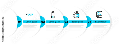 Set line Monitor with cardiogram, Blood pressure, Inhaler and Safety goggle glasses icon. Vector