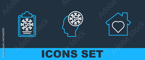 Set line House with heart inside, Clipboard blood test results and Human and virus icon. Vector