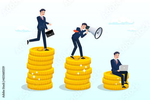 Businessman poor, middle and rich worker standing on stack of their wealth coins, income gap, inequality revenue in capitalism or career development to earn more income, middle income trap (Vector)