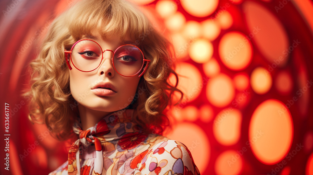 Portrait of a happy fair-haired woman in sunglasses Colourful psychedelic 1970s. AI generative. Portrait of a happy fair-haired woman in sunglasses Colourful psychedelic 1970s. AI generative.