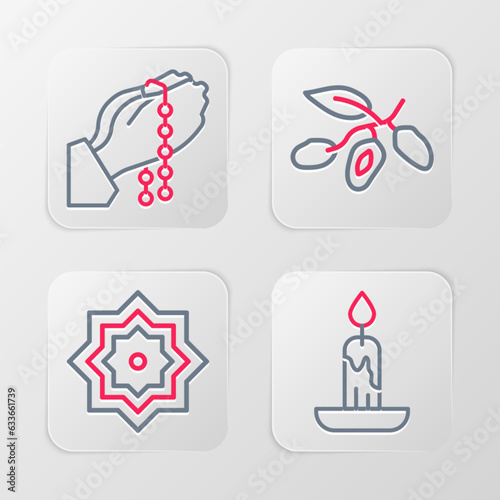 Set line Burning candle, Octagonal star, Date fruit and Hands praying position icon. Vector