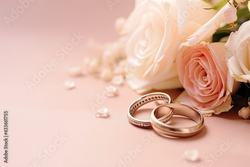 Foto wedding rings and bridal flowers bouquet with copy space on pink background