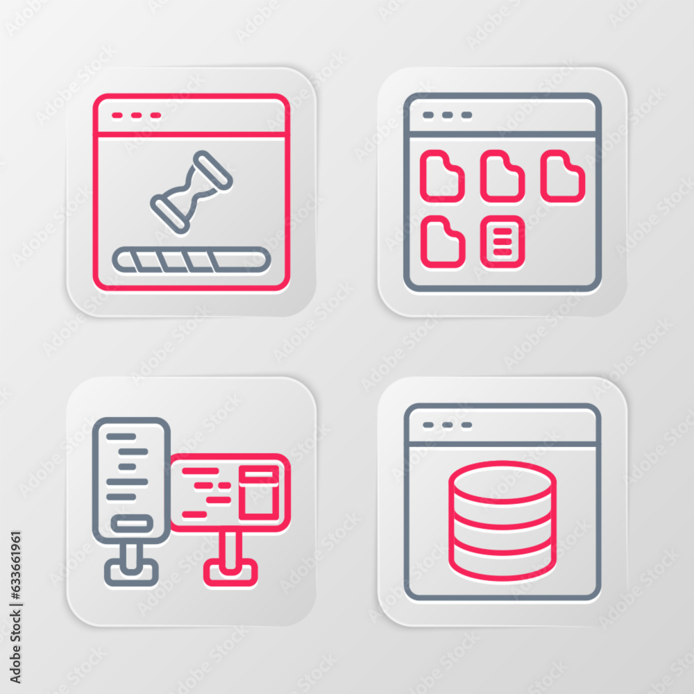 Set line Server, Data, Web Hosting, Computer monitor screen, Browser files and Loading data window icon. Vector Set line Server, Data, Web Hosting, Computer monitor screen, Browser files and Loading data window icon. Vector