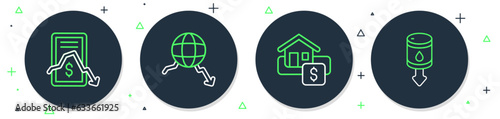 Set line Global economic crisis, Hanging sign with Sale, Mobile stock trading and Drop crude oil price icon. Vector