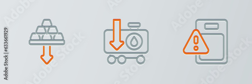 Set line Global economic crisis, Gold bars and Drop in crude oil price icon. Vector